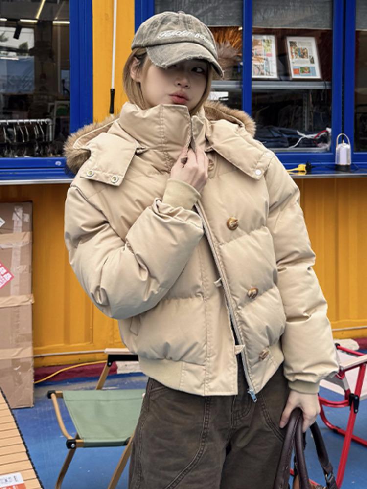 Dames Parka met Bont Capuchon Bovenkleding Dikke Dons Katoen Gevoerd Slank Kort Cropped Puffer Bubble Jas