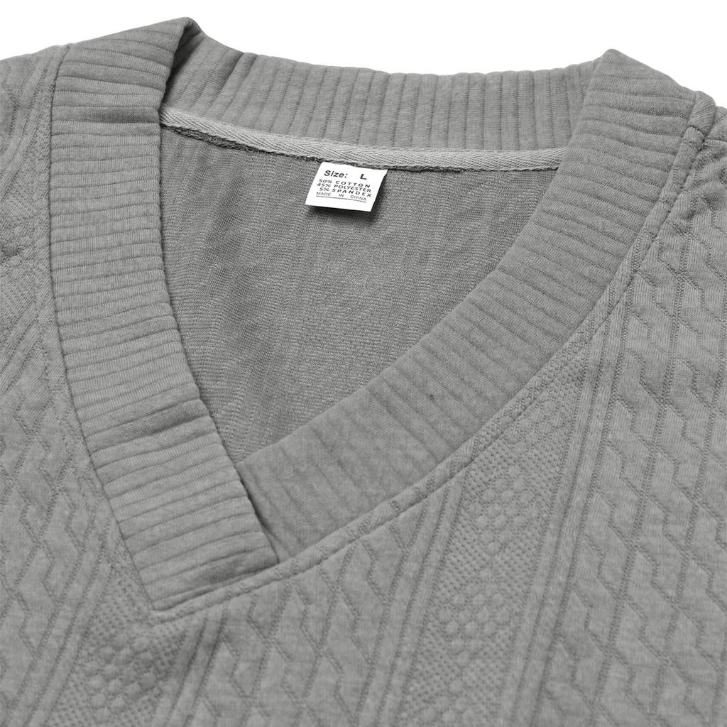 Men Vertical Cable Jacquard Textured V Neck Sweatshirt Ribbed Cuffs Long Sleeve Loose Fit Solid Color Spring Fall Daily Smart Casual Pullover Top