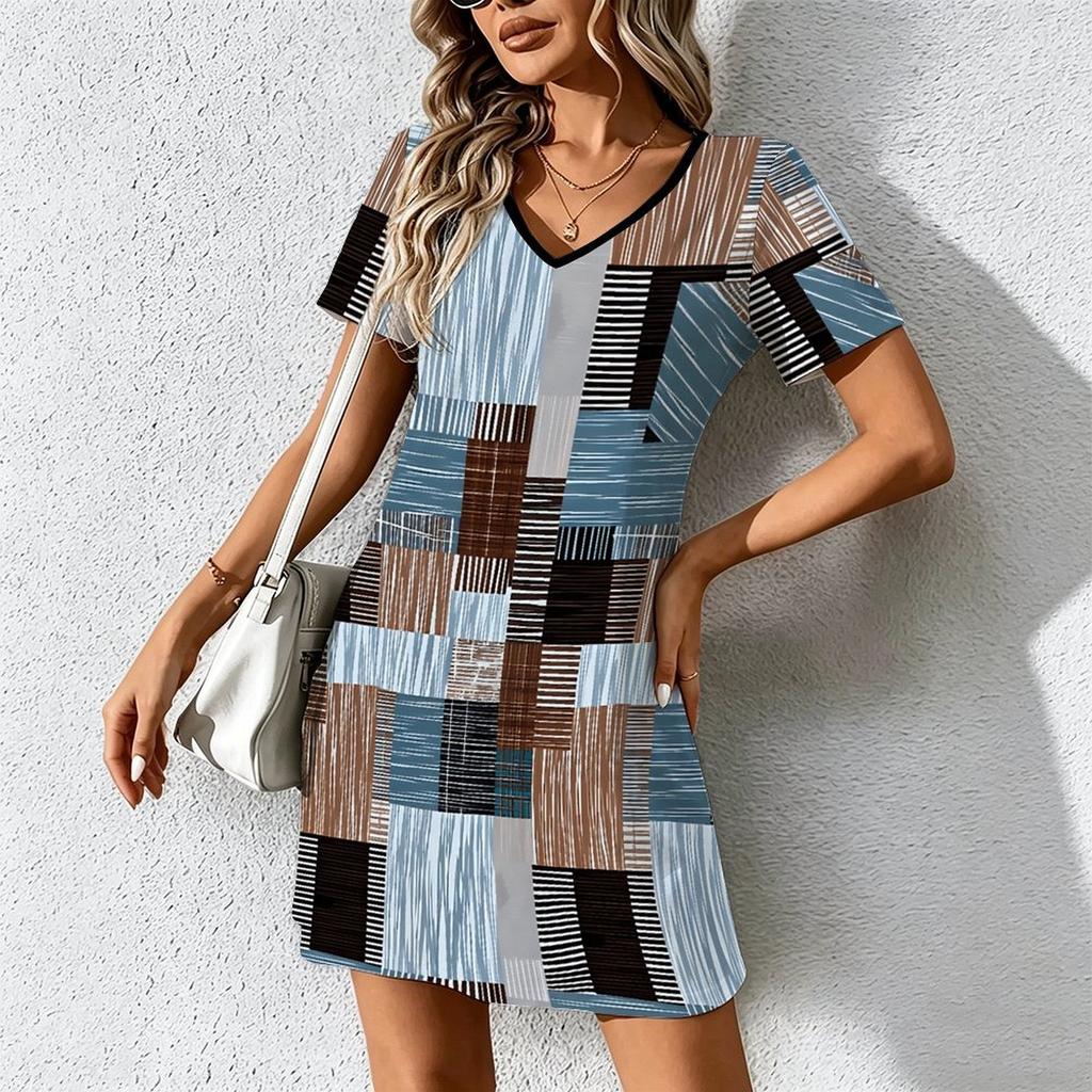 Summer Fashion Women's V Neck Short Sleeve Retro Geometric Pattern Printed Dress Sex Short Skirt Dresses