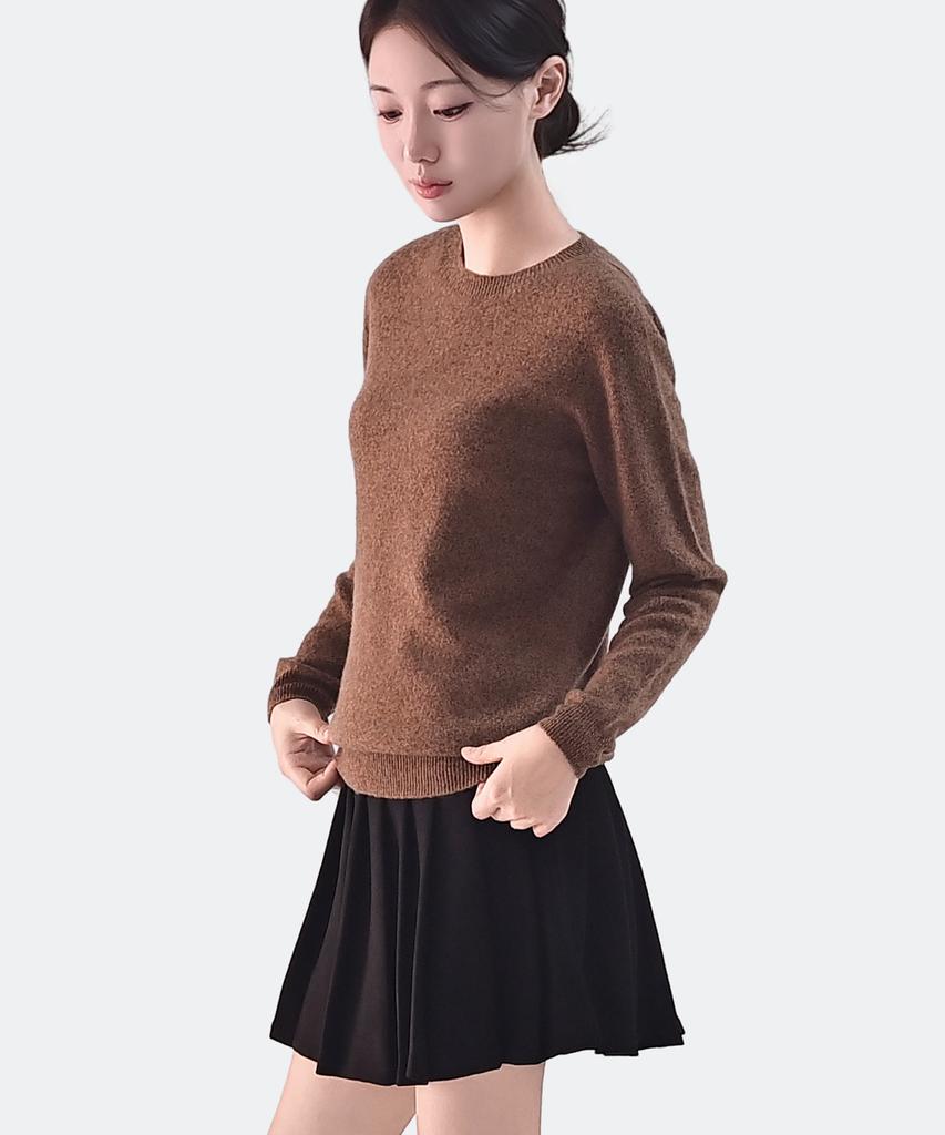 Keulleiseu 100% Wool Heather Round Neck Knit Sweater_Brown
