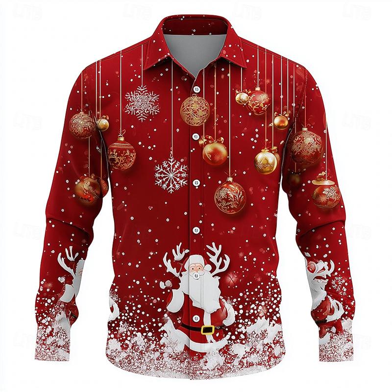 Christmas Men's Dress Shirt with Red Snowflake and Cedar Pattern, Black Lapel Bow Tie, Festive Party Style Men's Shirt