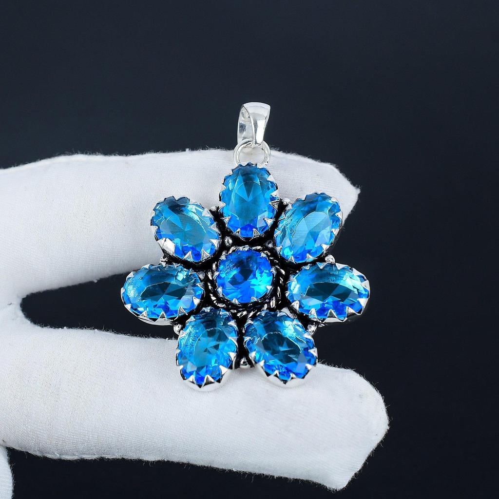 Schweizer Blautopas Edelstein Silber Blumenanhänger in 925 Sterling Silber - Handgefertigtes Birnendesign, Alltagsschmuck Hochzeitsgeschenk
