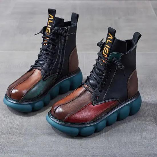 Autumn Mixed Color Shoes Women Boot  Fashion Round Toe Lace Up Retro Handmade Casual Platform Ankle Boots Ladies Short Boots
