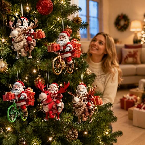 Handmade Style Xmas Tree Pendants 8/16/24/32Pcs 2D Flat Christmas Wooden Ornaments, Santa Claus Riding Bicycle Hanging Accessories Decor, Pendant for