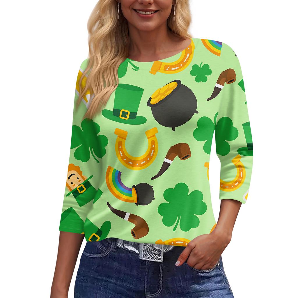 Damen Modisches Lässiges Dreiviertelarm Bedrucktes Rundhals-Top