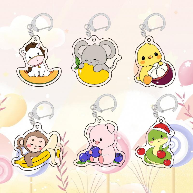 Funny Animal Bag Decoration Pendant Backpack Jewelry Accessories Gift Cartoon Cute Zodiac Keychain Acrylic Pendant Fruit