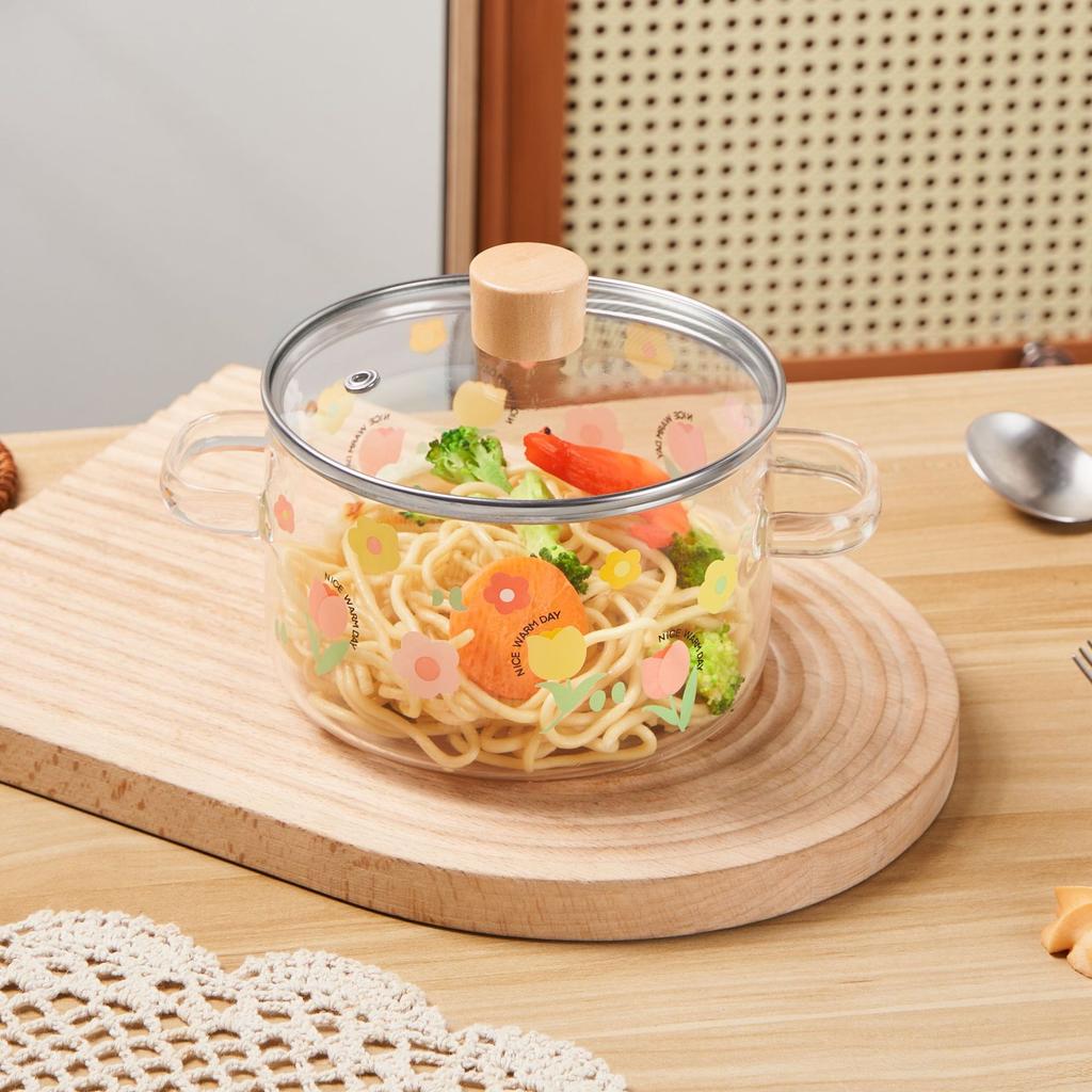 1.6L High Borosilicate Glass Pot, Clear Vertical Striped Cooking Pot, Double Handle Stovetop Pot for Soup Noodle Stew, Microwave & Cooker Safe