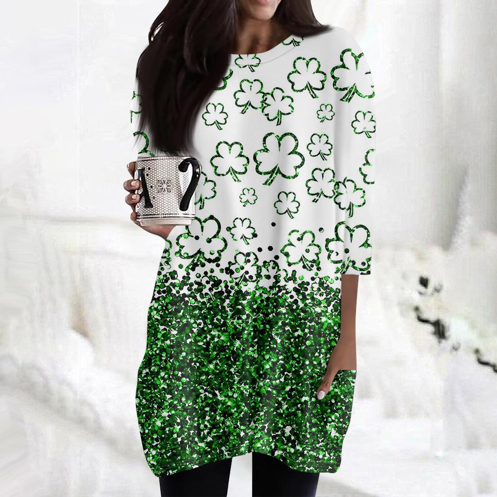 Women's Casual 3/4 Sleeve Shirts Fashion St Patrick's Print Tunic Tops With Pockets