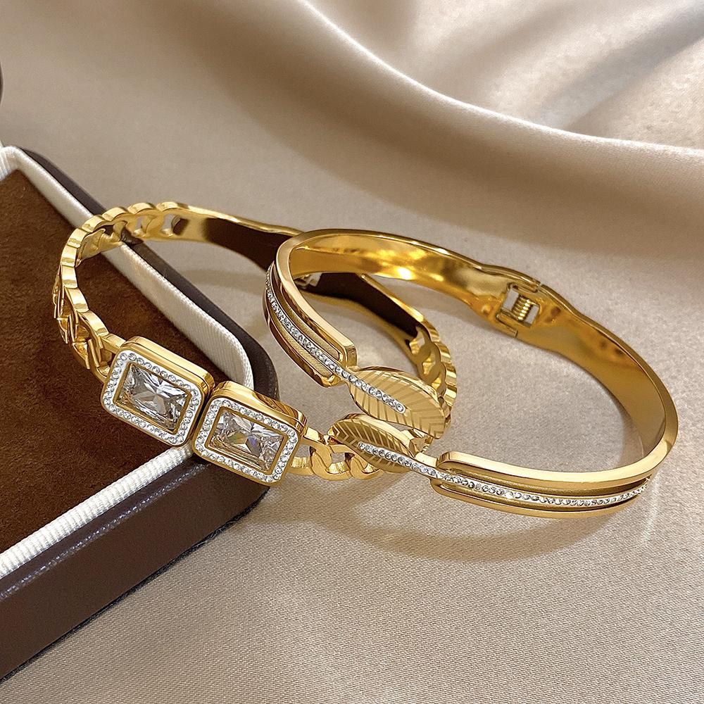Exquisite Leaf Square Zircon Cuff Bracelet for Women Fashion Gold Plated Stainless Steel Bangle Bracelets Jewelry Gifts