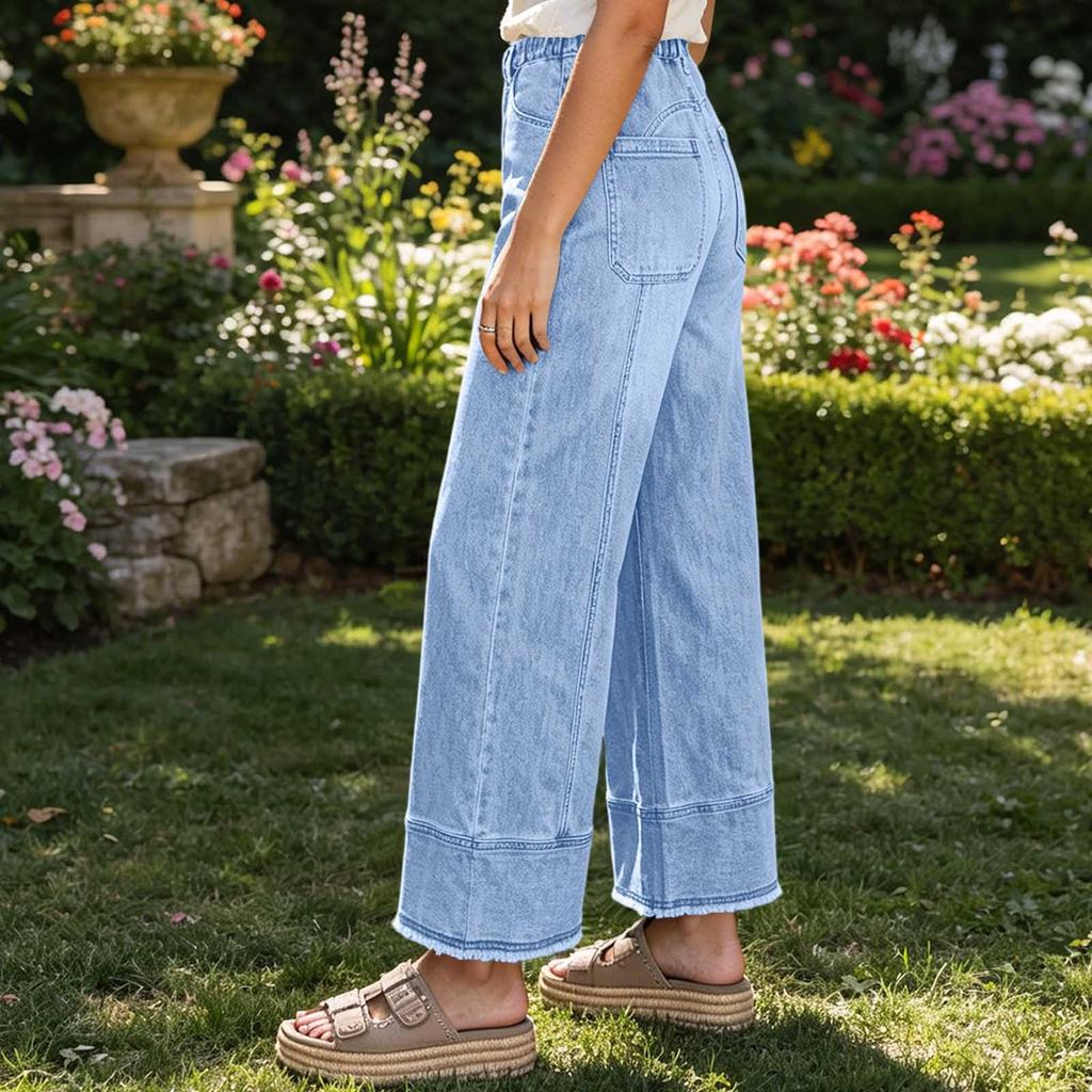 Women's Casual Wide Leg Drawstring Jeans with Pockets for Everyday Wear