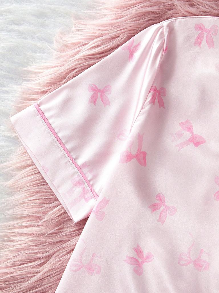Teen Girls Silky Satin Bow Print Pajama Set Pink Piping Lapel Short Sleeve Top & Shorts Cool Elegant Summer Loungewear Sleep Outfit for 13-16Y