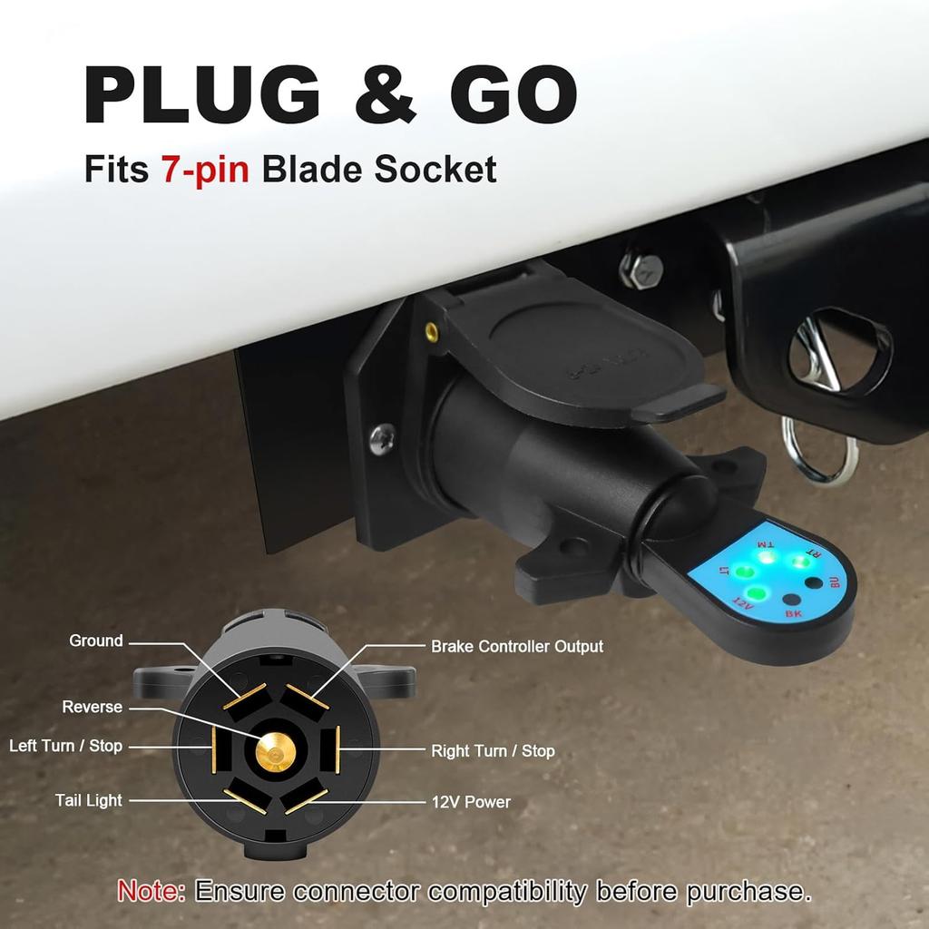 7 Pin Trailer Plug Tester, 7 Way Wiring Tester For RV, Round Trailer Light Tester For Truck, Pickup, Towing, Tow Wire Brake Blade 12V Connector