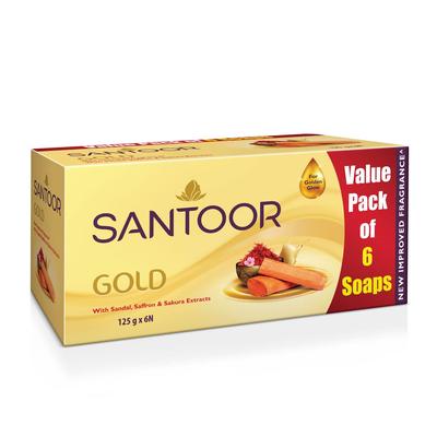 Santoor Gold Bathing Bar Soap with Kashmiri Saffron, Sandal & Sakura Extracts for Soft & Younger-Looking Skin| Gentle & Rich Lathering Formula with Re