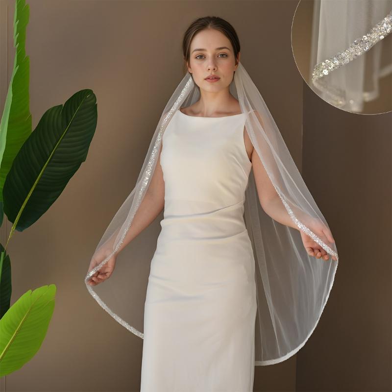 Delicate Beaded Edge Single Layer Bridal Veils Pearls Crystals Wedding Headpiece for Extended Ceremonies