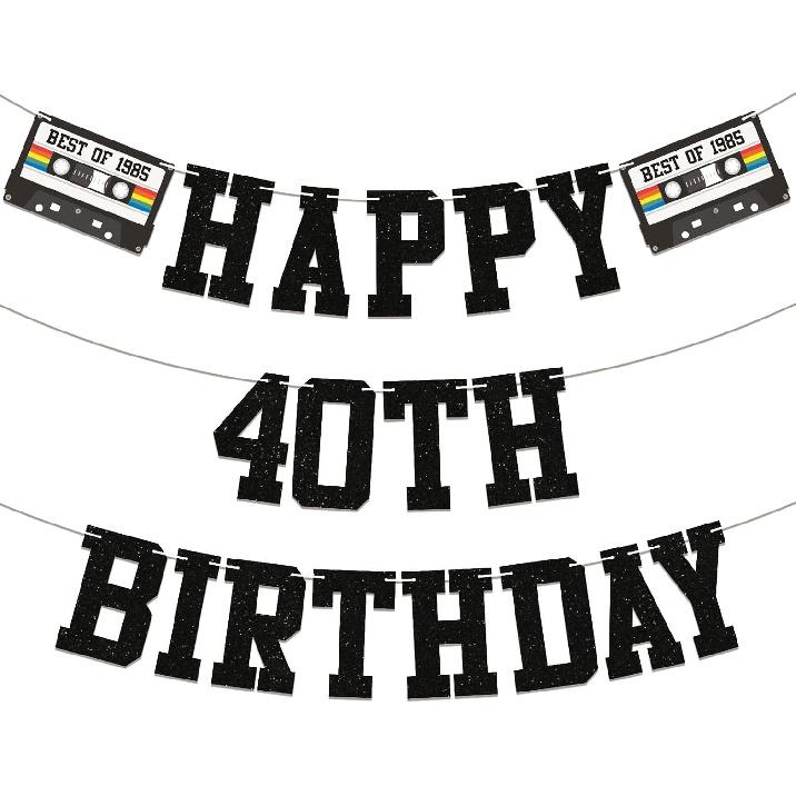 Happy 40th Birthday Banner - 40th Birthday Party Decorations, Retro Cassette Tape Best of 1985 Bunting Garland, 80’s Theme Party Supplies Black