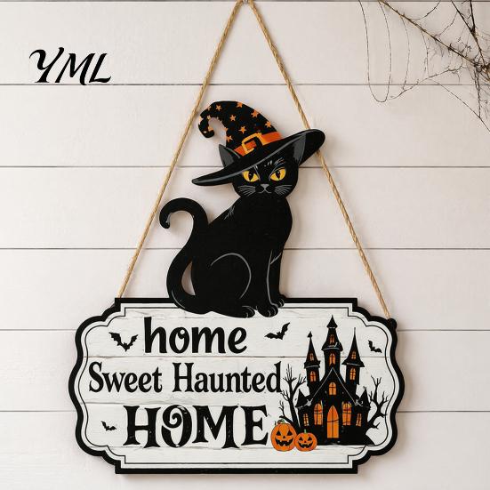 Reusable Holiday Accents Halloween Wooden Welcome Door Sign, Black Cat Ghost Pumpkin Hanging Decor Durable Wood Wall for Porch, Rustic Farmhouse
