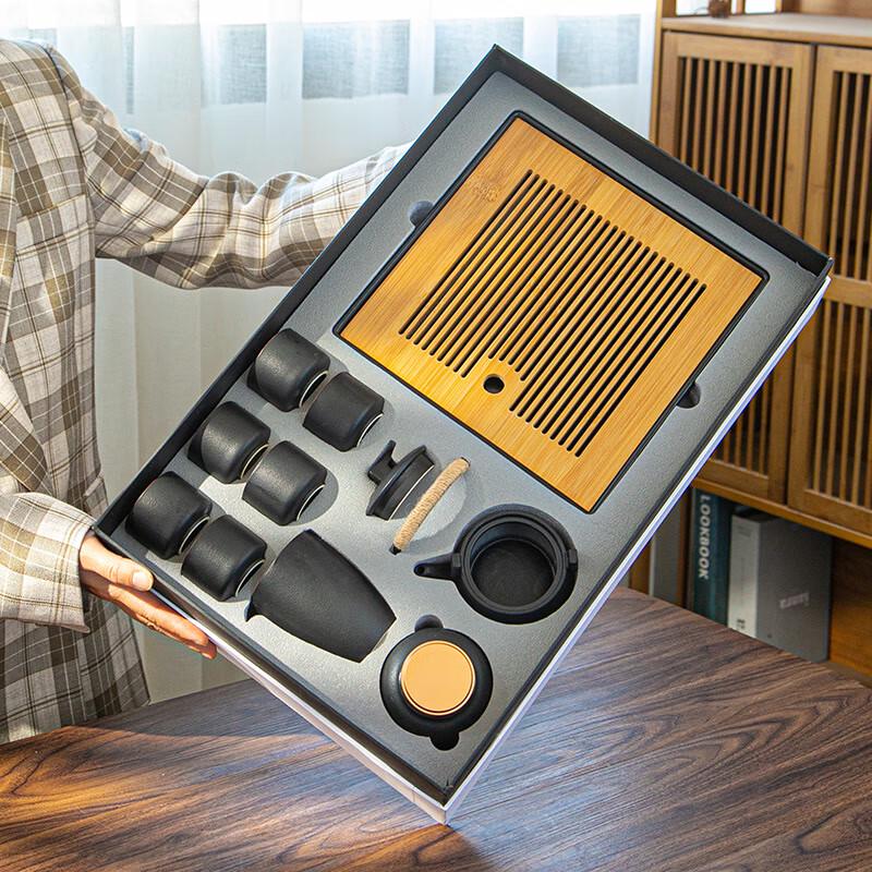 Lilang Black Pottery Kung Fu Tea Set with Beam Handle Tray