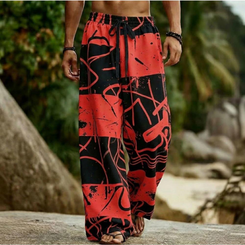 Men's 3D Geometric Pattern Printed Baggy Casual Trousers,  Elastic Drawstring Waist with Pockets, for Spring Summer Home Outdoor Vacation