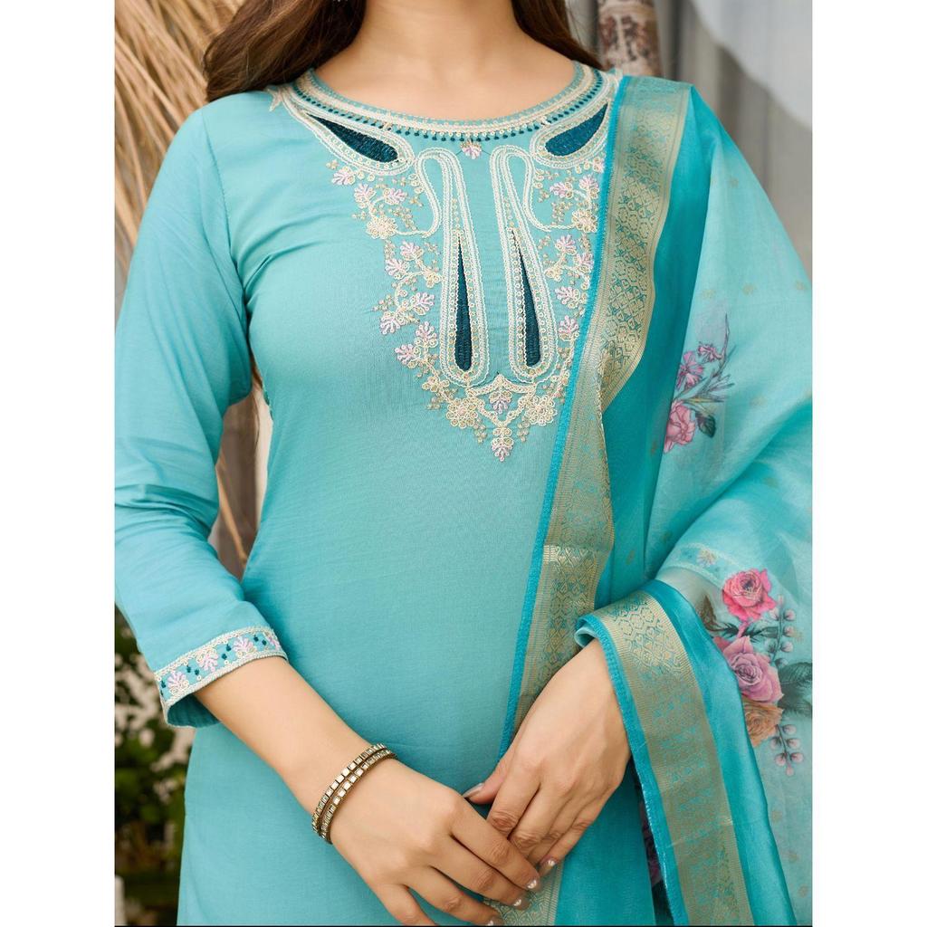 Women's Viscose Embroidered Straight Kurta with Pant And Dupatta Sets