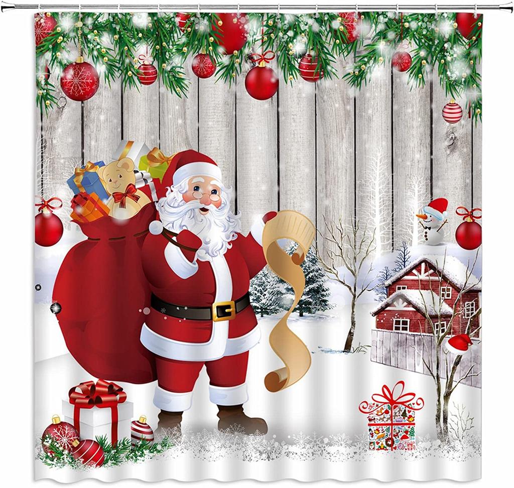 Christmas Shower Curtains Santa Claus Farmhouse Cabin Snowman Snowflakes Winter Gifts Xmas Holiday Bathroom Decor with Hooks
