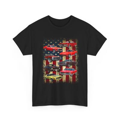 Classic Muscle Cars On American Flag Tee | Vintage Car Collage ,Classic Car American Muscle Cars T-shirt
