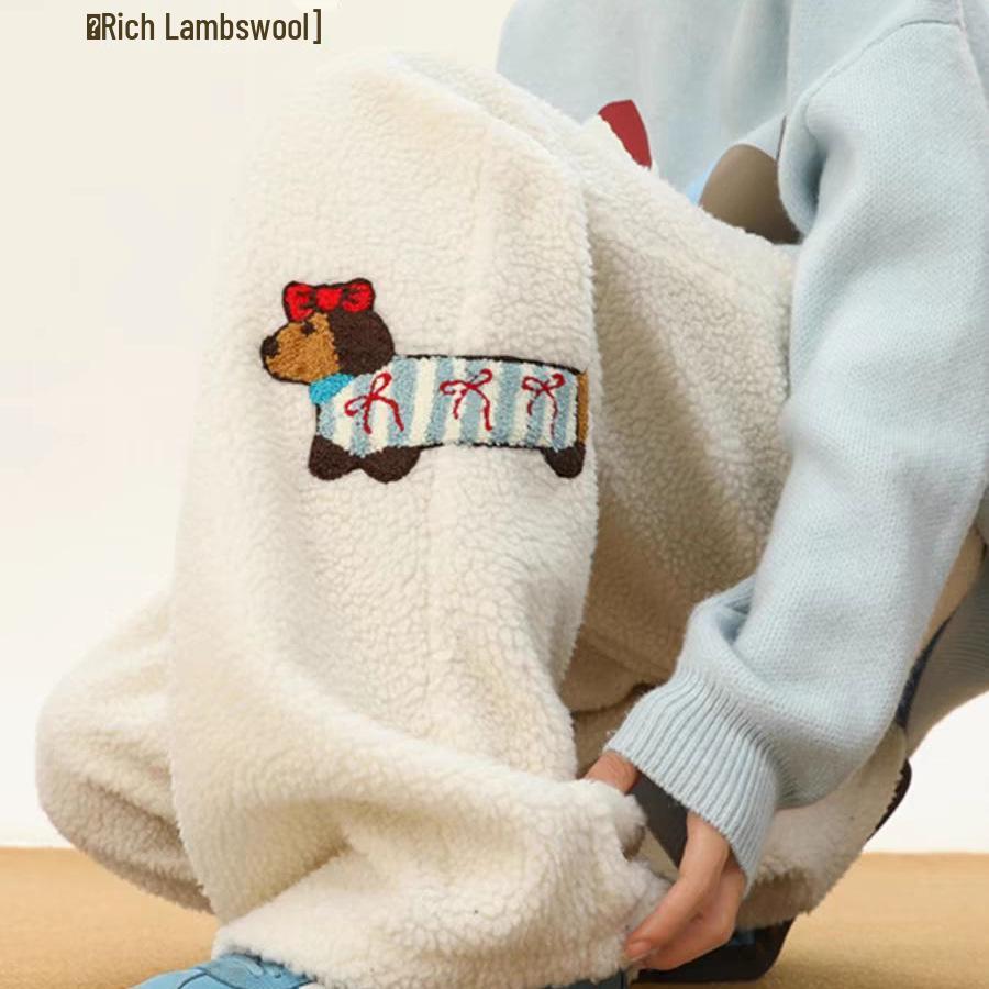 

Retro Lambswool Fleece-Lined Embroidered Dachshund Sweatpants 2XL темно-сірий