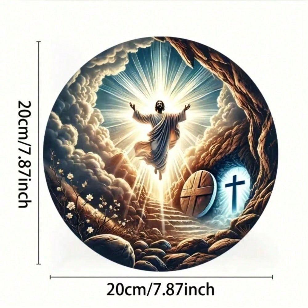 Metal Poster Wall Art, Religious Cross with Jesus Iron Sign, Round Home Decoration