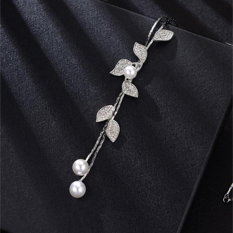 Long Tassel Chain Leaves Pendants Necklace For Women Trendy Crystal Pearl Sweater Chain Accessories On Neck Fashion Jewelry Female
