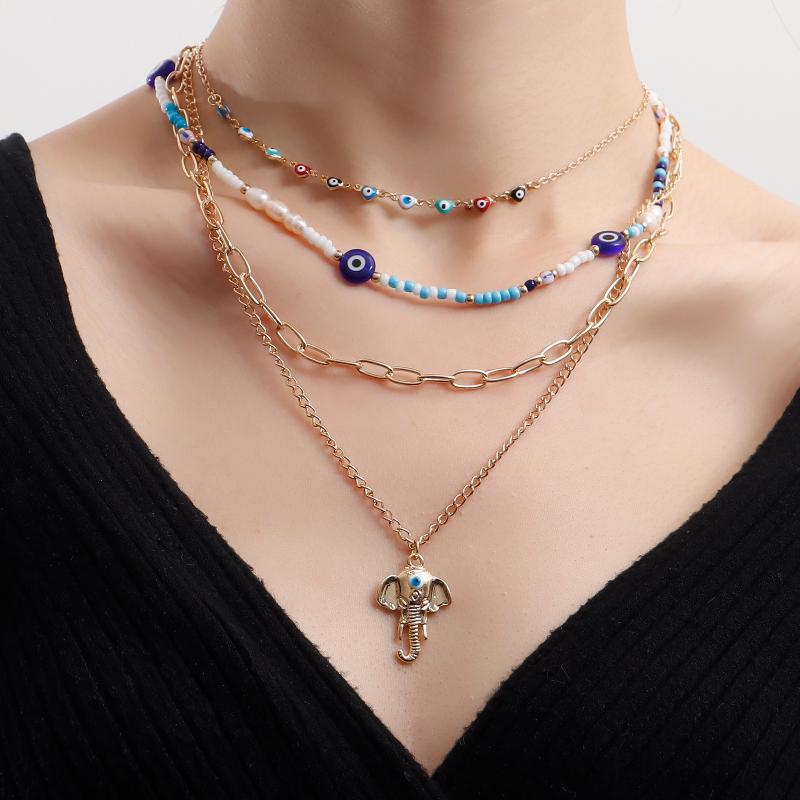 

Fashion Bohemian Blue Devil S Eye Elephant Trunk Multi Layer Necklace Women Jewelry Accessries Gifts 1set