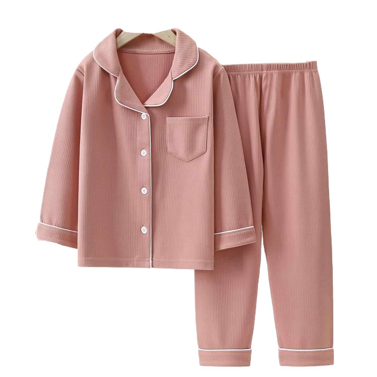

[VIISEN] Kids Pajamas 2-Piece Set, Front Open Long Sleeve Loungewear, Plain All-Season Sleepwear for Girls Boys Children (Pink/Long Sleeve, 150)