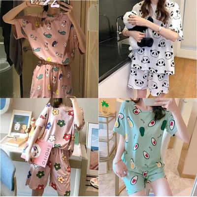 2pcs Summer Pyjamas Women Short Sleeve Nightwear T-Shirt + Shorts Sleepwear Set EMA