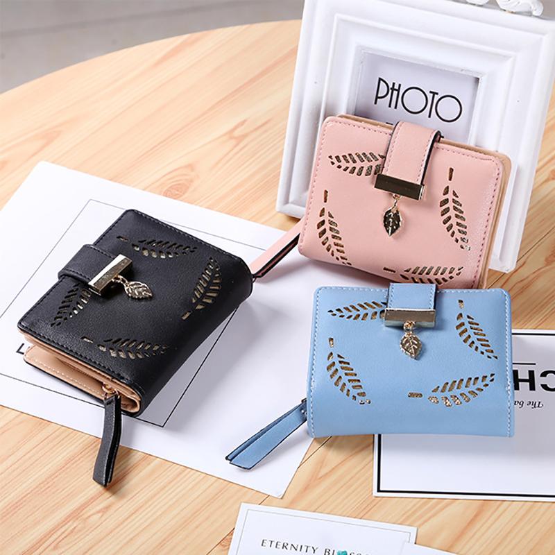 Yogodlns Women Short Standard Leather Wallet Hollow Out Leaves Decor Female Day Clutch Card Holder Money Purse Bags