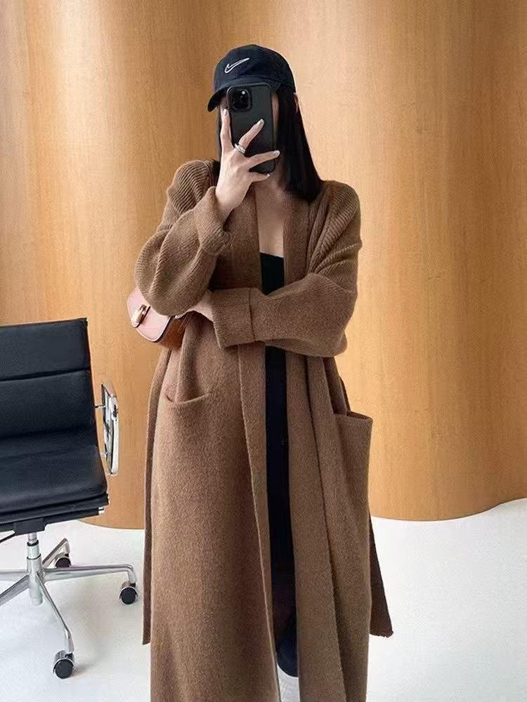 Premium sweater cardigan women's autumn and winter medium and long loose knitted jacket loose lazy bathrobe lace-up coat