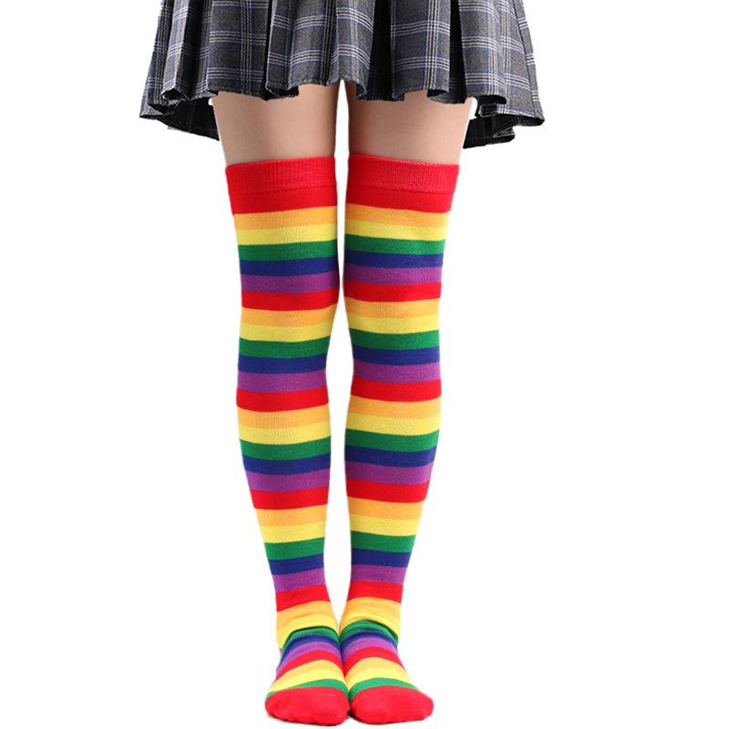 Boven 12 Jaar Nieuwjaar Kerstmis Cosplay Feest Sokken Boven de Knie Regenboog Gestreept Gebreide Lange Sokken voor Grote Meisjes Vrouwen
