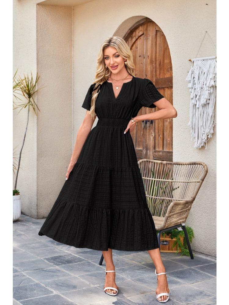 Short Sleeve V-Neck Tiered Ruffle Hem Midi Dress