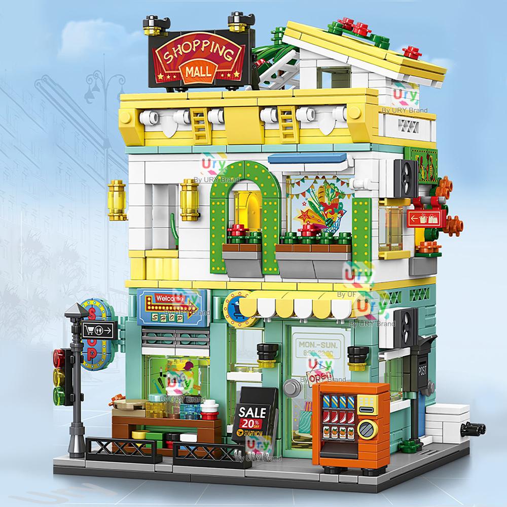 City Street View Modular Mall Supermarket Corner Convenience Store Retro Flower House MOC Architecture Building Blocks for Gifts