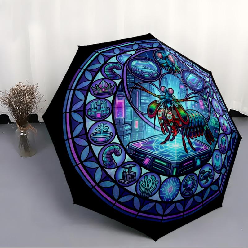 Cybernetic Mantis Glass pattern umbrella, portable and foldable design, 8 ribs, a casual accessory for Halloween, Christmas, and birthday gifts.