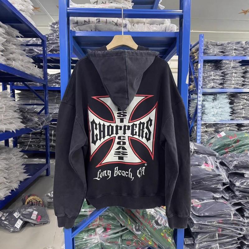 West Coast Choppers Vintage Distressed Iron Cross Zip-Up Hoodie Unisex Streetwear Oversized Cotton Sweatshirt