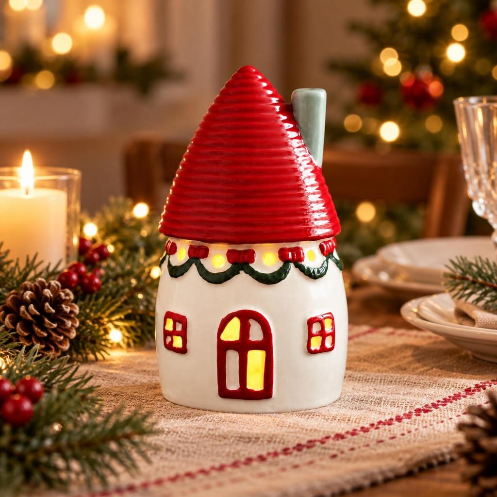 Ceramic Holiday Cottage Ornament Lighting up Lighted Decoration Glossy for Mantel