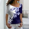 Fashion Women's Asymmetric V-neck T-shirt Spring and Summer Ladies 3D Short-sleeved Top