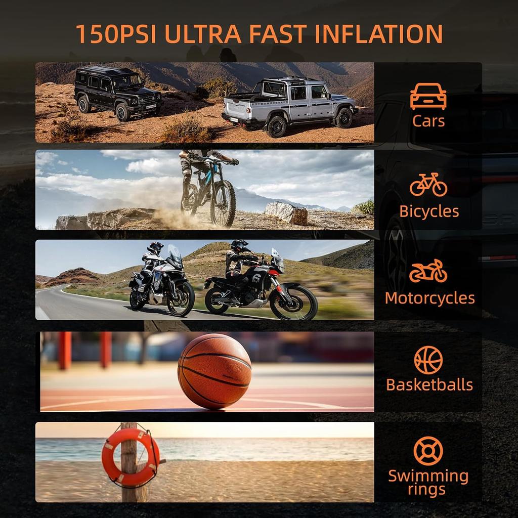 Air Compressor with Jump Starter 10000mAh Power Bank, 150PSI Tire Inflator, SOS LED Light, Auto Shut-off