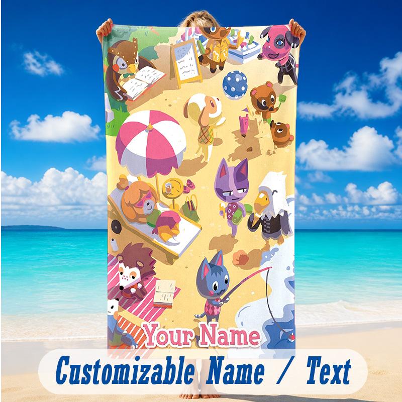Beach Towel Custom Name Text, Quick Dry Large Towel For Beach HomeAnimal Crossing