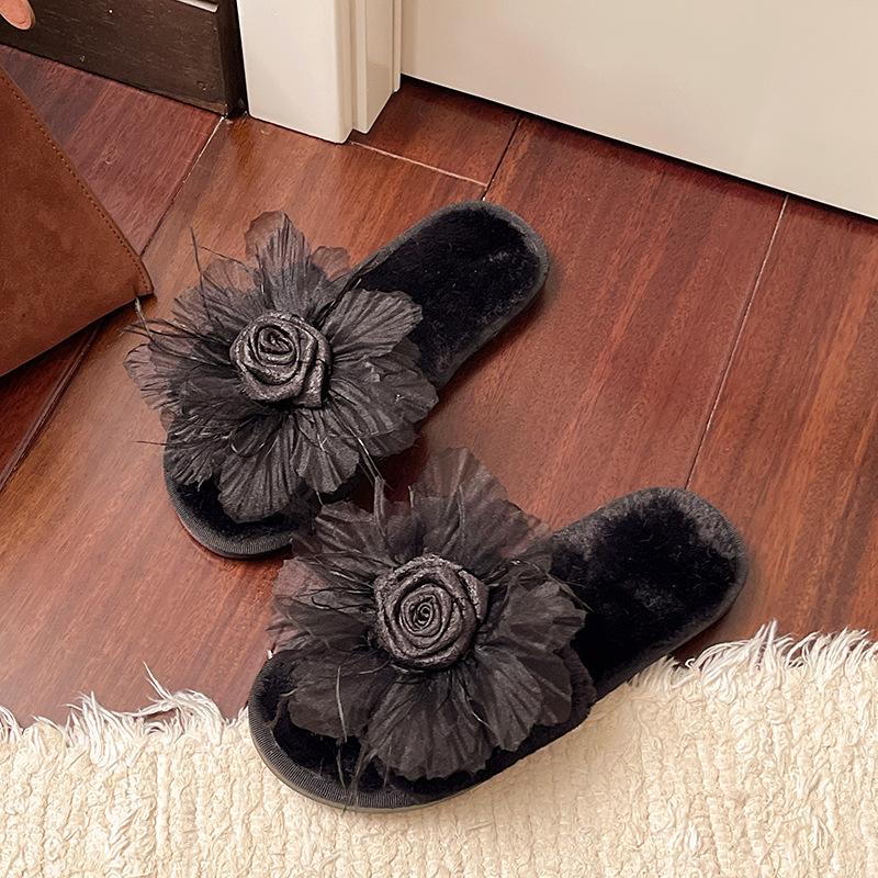 

Fairy Style Plush Shoes Women s 2025 Autumn Winter Flower Warm Slippers Comfortable Short Plush Bridal Slides Pantuflas 40-41 чёрный