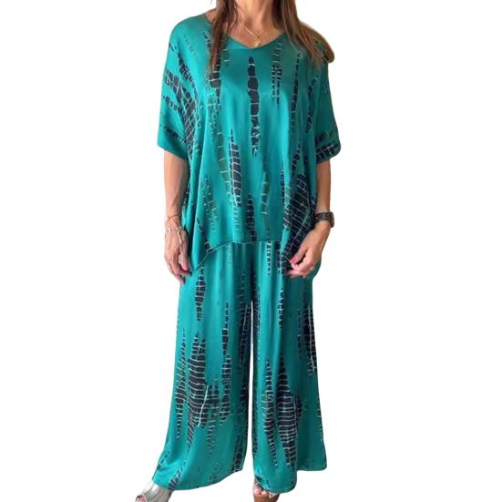 Zweiteiliges Set für Damen in Übergröße, Sommer, lässig, Rundhalsausschnitt, Kurzarm, Oberteil, weites Bein, Hose, Set, lockeres Outfit für Frühling, Sommer, Herbst