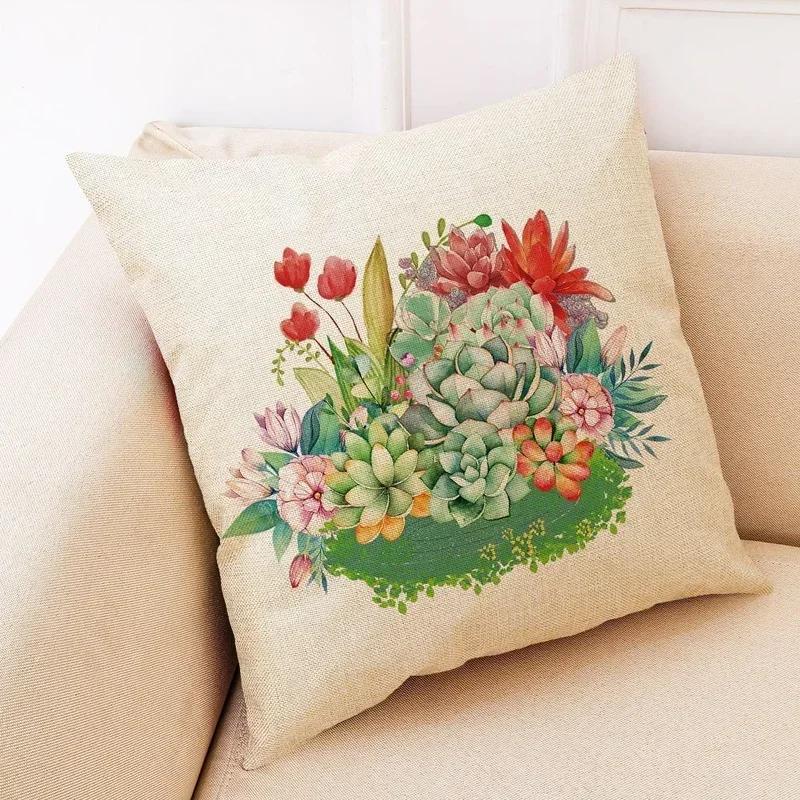 Succulent Cactus Plant Pattern Pillowcase Linen Pillowcase Car Seat Throw Sofa Home Decorative Pillowcase 45*45Cm