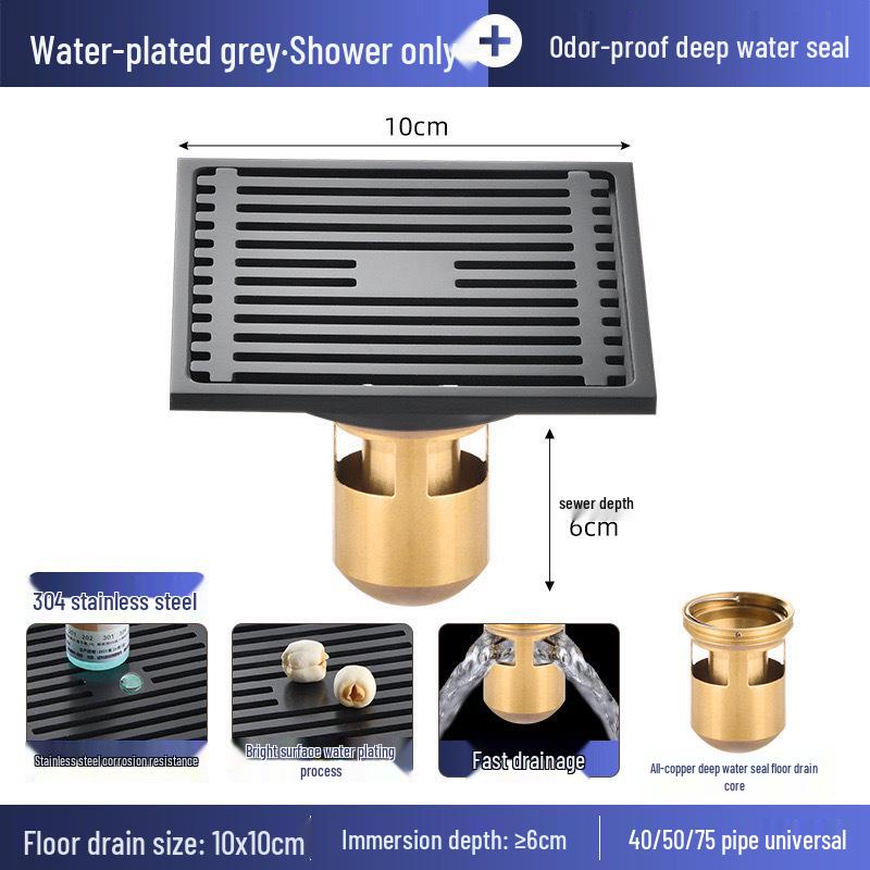 Gunmetal Gray 304 Stainless Steel Odor-Resistant Floor Drain with Copper Core for Shower & Washing Machine.