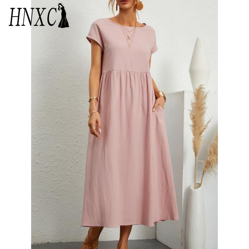 HNXC Kvinnemote Sommer Våren Ensfarget Print Kortermet O-hals Uformelle kjoler