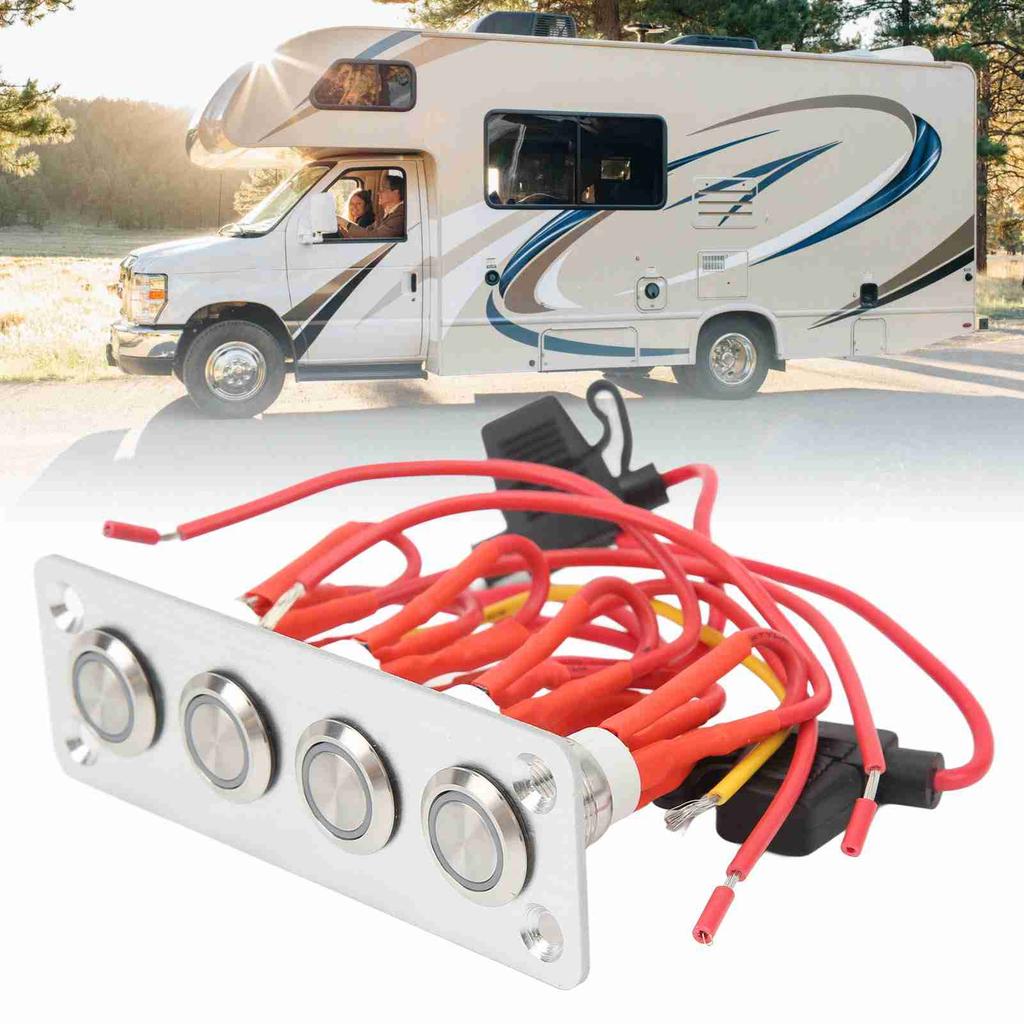 4 Gang Switch Panel Blue Light DC 12V 16A Stainless Steel Button Switch for RV Boat