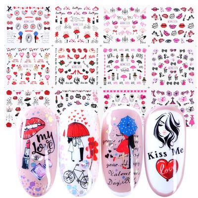 12 Designs/sheet Valentine's Day Nail Stickers Sexy Lips Heart Beauty Lady Nail Decals Charms Tips Romantic Couples Nail Art Decor