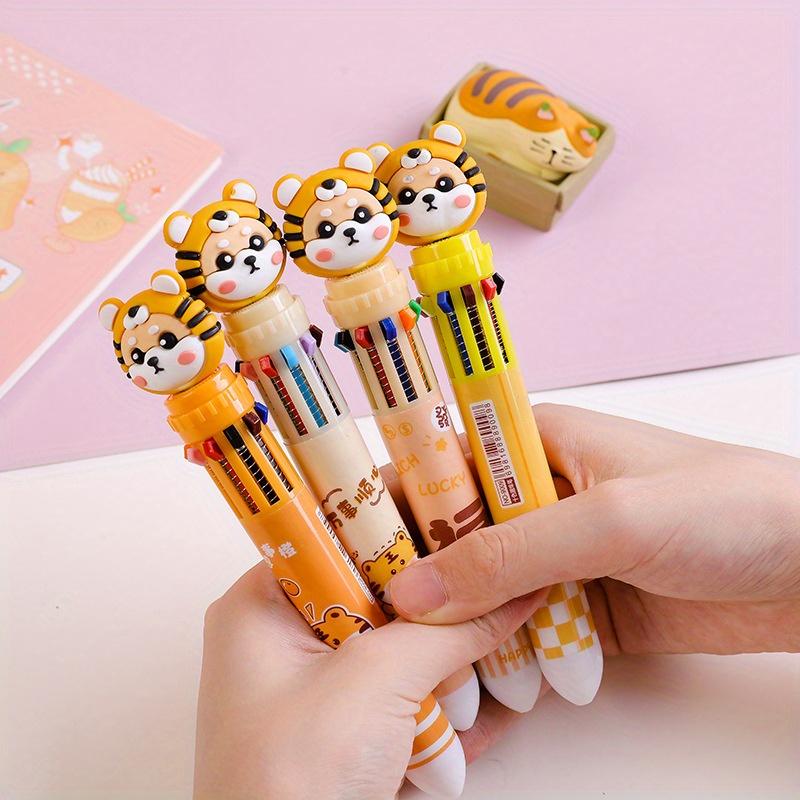 10pcs 0.5mm Cute Little Tiger Ten-color Ballpoint Pen Hand Account Marker Pen 10 Color Cartoon Head Press Ballpoint Pen Graffiti Pen